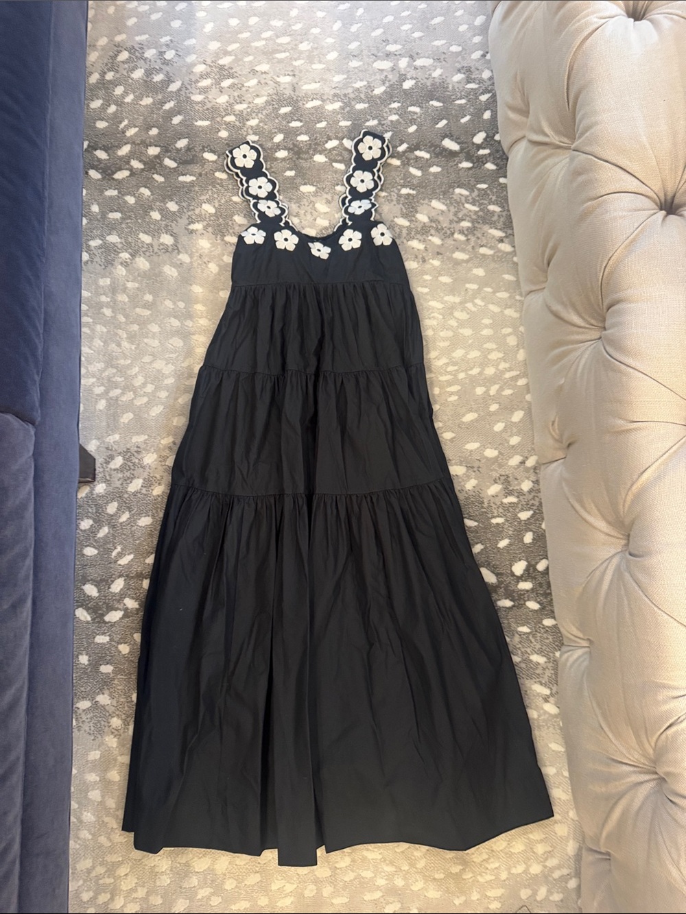 Anthropologie Black Tiered Midi Dress with White Floral Straps
